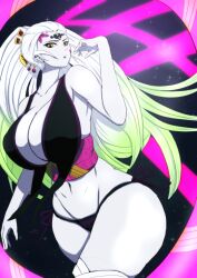 3_eyes big_breasts cleavage curvaceous curvy daki_(kimetsu_no_yaiba) demon_girl demon_slayer facial_markings female female_only gradient_hair green_eyes hair_ornament huge_breasts kimetsu_no_yaiba lingerie long_hair looking_at_viewer multi_eye obi pale-skinned_female pale_skin pepejii side-tie_panties solo thick_thighs two_tone_hair very_long_hair white_body white_hair white_skin wide_hips