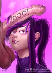 artist_self-insert before_oral before_sex big_balls big_penis drooling foreskin long_hair looking_at_viewer oc original penis penis_on_face penis_on_hair pink_eyes ponytail portrait precum purple_hair sayuri_(sayuridrawsthings) sayuridrawsthings