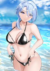 1girls beach bikini black_bikini blue_eyes blue_hair breasts cleavage curvaceous female genderswap_(mtf) genshin_impact hi_res kamisato_ayato large_breasts milf mole mole_under_eye ocean rule_63 side-tie_bikini smile tian_kazuki voluptuous wide_hips