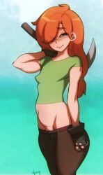 1futa alex_(minecraft) belt blurry_background blush doxy eyebrows_visible_through_hair eyelashes_visible_through_hair fingerless_gloves forest futanari green_eyes holding_pickaxe horny lipstick long_hair looking_at_viewer lowleg lowleg_pants midriff minecraft nipple_bulge orange_hair pants pickaxe pussy_bulge short_sleeves small_breasts smile thick_thighs tied_hair tight_clothing wide_hips