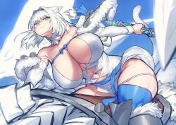 1girls animal_ear_fluff animal_ears argyle argyle_cutout armored_boots axe bangs bare_shoulders blue_bow blue_eyes blue_legwear blue_ribbon blush boots bow breasts cat_ears cat_girl cat_tail cleavage clothing_cutout detached_collar detached_sleeves dobrynya_nikitich_(fate) dragon dress fate/grand_order fate_(series) fur_trim hairband hairbow knee_boots large_breasts long_hair looking_at_viewer low_ponytail melon22 navel ribbon riding short_dress smile tail thighhighs thighs white_dress white_hair