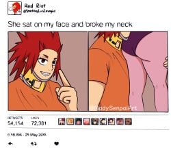 1boy 1girls ass broken_neck crossover eijirou_kirishima english_text facesitting female implied_facesitting injury madysenpaiart male meme mina_ashido my_hero_academia neck_brace pink_skin she_sat_on_my_face_and_broke_my_neck straight text thick thick_ass thick_legs twitter