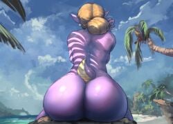 2018 absurd_res amphibian anthro ass big_butt biped blonde_hair breasts butt_focus curvy_figure cutesexyrobutts digital_media_(artwork) ear_piercing female gem hair hair_bun hi_res huge_butt humanoid_pointy_ears lungless_salamander markings multicolored_body multicolored_scales non-mammal_breasts nude outside palm_tree pearl_(gem) piercing pink_body pink_scales pink_skin plant rear_view salamander_(amphibian) sally_(scalie_schoolie) sand scales scalie scalie_schoolie seaside sitting solo spring_salamander tree two_tone_body two_tone_scales voluptuous webcomic webcomic_character wide_hips yellow_body yellow_skin