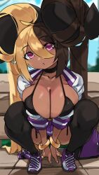 1girls 2022 :o aife_(zanamaoria) bikini black_bikini blonde_hair breasts brown_hair brown_skin cleavage clothed clothed_female dark-skinned_female dark_skin female female_only gyaru horns huge_breasts long_hair looking_at_viewer original outdoors purple_eyes short_skirt skirt squatting succubus thick_thighs thighhighs thighs two_tone_hair zanamaoria