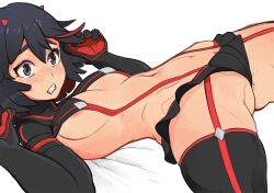 1girls blue_eyes blush breasts clenched_teeth female kill_la_kill litsilium matoi_ryuuko medium_breasts partially_clothed short_hair skirt solo thick_thighs thighs tomboy two_tone_hair