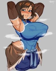 1girls abs alternate_breast_size armpits arms_behind_head artist_name avatar_legends big_breasts blue_eyes blush breasts breasts_bigger_than_head brown_hair clothing erect_nipples erect_nipples_under_clothes eyewear female female_only grey_background huge_breasts korra large_breasts leotard_under_clothes looking_at_viewer muscular_female musk nezulet nickelodeon nipple_bulge short_hair smell solo standing steaming_body sweat the_avatar the_legend_of_korra upper_body water_tribe wide_hips