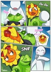 anon anthro blush breast_sucking breasts brown_eyes comic comic_page covering_breasts cute dubious_consent electronic_arts english_text eyelashes female grass hands_on_breasts huge_breasts large_breasts male navel onomatopoeia outdoors petals plant plantie plants_vs_zombies plants_vs_zombies:_heroes popcap_games rape saliva saliva_trail secretly_loves_it shirt_lift skyline_comet solar_flare_(pvz) straight sunflower sunflower_(pvz) sweat sweatdrop sweating tagme tearing_up