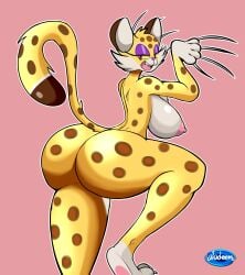 2022 absurd_res aladeen anthro ass big_breasts big_butt breasts chest_tuft clawroline claws dipstick_tail felid female fur hi_res kirby_(series) kirby_and_the_forgotten_land leopard looking_back makeup mammal markings nintendo nipples open_mouth pantherine side_boob simple_background smile solo spots spotted_body spotted_fur step_pose tail_markings tuft video_games yellow_sclera