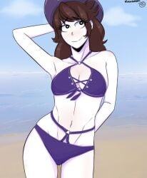 1girls beach bikini breasts brown_hair female female_focus female_only female_solo fit hand_behind_back hand_on_head hat hikikomori jaiden jaiden_animations long_hair smile smiling solo solo_female swimsuit thick_thighs thighs youtube youtuber