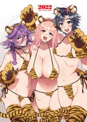 2022 3girls :d animal_ears animal_hands animal_print arm_around_waist bangs bikini black_choker black_hair blue_eyes blunt_bangs blush braid breasts cameltoe choker claw_pose cleavage closed_mouth commentary_request covered_nipples cute_fang english_text eyebrows_visible_through_hair fake_animal_ears fake_tail female frown glaring gloves gradient green_eyes hair_between_eyes half-closed_eyes halterneck happy_new_year large_breasts long_hair looking_at_viewer medium_breasts multicolored_hair multiple_girls navel new_year open_mouth orange_bikini orange_gloves orange_legwear original partial_commentary paw_gloves paws pink_hair print_bikini print_gloves print_legwear purple_hair red_eyes short_hair side-tie_bikini small_breasts smile standing string_bikini swimsuit tail thighhighs tiger_ears tiger_print tiger_tail year_of_the_tiger yukataro