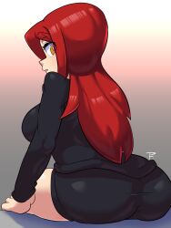 1girls ass big_ass big_breasts black_clothing breasts cute gold_eyes light-skinned_female light_skin long_hair looking_back painting_fish parasoul red_hair safe skullgirls solo solo_female yellow_eyes