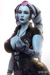 1girls 3d aayla_secura alien alien_girl athletic_female beckoning big_breasts blue_skin cleavage clothed facing_viewer female female_only fully_clothed jedi large_breasts lekku looking_at_viewer smz-69 solo star_wars twi'lek