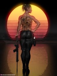 1girls 3d arm_tattoo back_tattoo clothed clothing eyepatch female female_only gun muscular muscular_female pinup rifle slushe_(website) solo solo_female tagme tattoo theresidentweasel topless