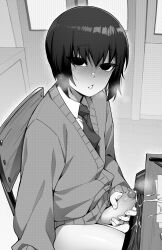 1boy ain(in) black_and_white blush blushing cum femboy hand_on_penis holding_penis jumper looking_at_viewer male_only masturbation penis_grab stroking_penis sweater tagme uniform