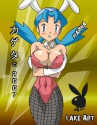 1girls 2007 blue_eyes blue_hair blush bunny_ears bunnysuit game_freak kris_(pokemon) lake_art marina_(pokemon) nintendo pokemon pokemon_chronicles sakaki_(artist) solo solo_female