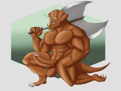 4:3 abs anthro axe balls brown_body ceratopsian daikuhiroshiama dinosaur erection genitals hi_res horn humanoid_genitalia humanoid_penis kneeling male melee_weapon muscular muscular_anthro muscular_male nude on_one_knee ornithischian pecs penis reptile scalie solo teenage_mutant_ninja_turtles traximus triceratops weapon