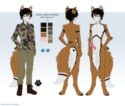 absurd_res anthro ass balls black_body black_fur blue_eyes boots bottomwear camo canid canine clothed clothing david_liebtschwanz demdoq english_text eyewear footwear fox fur fur_markings genitals hi_res male mammal markings model_sheet nude orange_body orange_fur pants penis red_fox shirt solo standing sunglasses text topwear white_body white_fur