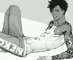 abs black_eyes black_hair haikyuu!! kuroo_tetsurou male male_only monochrome piercings smirk solo_focus sweatpants tattoos