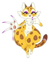absurd_res anthro bottom_heavy chest_tuft clawroline claws dipstick_tail eyelashes eyeshadow felid female fur gloves_(marking) half-closed_eyes hi_res huge_thighs kirby_(series) kirby_and_the_forgotten_land leg_markings leopard looking_at_viewer makeup mammal markings narrowed_eyes navel nintendo orange_body orange_fur pantherine pawpads pink_nose purple_eyes shortstack simple_background smug socks_(marking) solo spots spotted_body spotted_fur sssonic2 standing tail_markings thick_thighs tuft video_games white_background wide_hips yellow_sclera