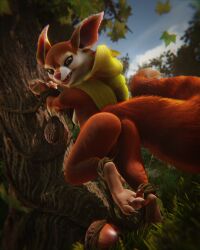 3d_(artwork) 4_fingers acorn anthro anus ass big_ears bound breasts cape claws clothing digital_media_(artwork) dota dota_2 eyelashes feet female fingers food forest forest_background fruit fur genitals grass hi_res hoodwink_(dota) hybrid leaf makeup mammal nature nature_background nude nut_(fruit) outside paws plant red_body red_fur rodent rope sciurid solo standing tail_tuft toes tree tree_squirrel tuft video_games vlad-lox white_body