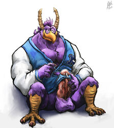 1boy 2013 anthro aokmaidu avian bara brock_pearson cum disney erect_penis erection fur furry furry_only gay horn jacket looking_at_viewer male male_only monster monsters_inc monsters_university muscular muscular_male no_humans penis pixar plain_background simple_background solo white_background