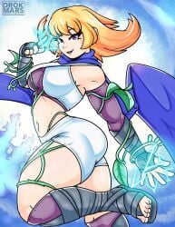 big_ass blonde_hair clothed clothed_female drokmars electricity female female_only floating hourglass_figure kid_icarus kid_icarus_uprising light-skinned_female light_skin looking_at_viewer midriff nintendo phosphora purple_eyes solo thick_thighs tight_clothing video_games