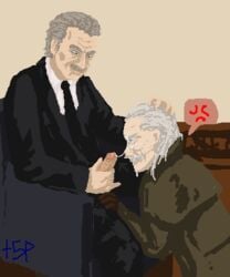 2boys after_fellatio after_oral clothed_sex cum_dripping_down_chin cum_on_face cum_string erection facial_hair gay gloves gray_hair hand_on_head holding_penis kneeling_oral_position mature_male metal_gear metal_gear_solid mustache necktie penis_out pixel_art plus5pencil revolver_ocelot solidus_snake white_hair yaoi