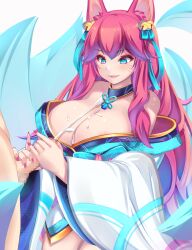 1boy 1girls 9_tails ahri alternate_costume alternate_eye_color alternate_hair_color alternate_hairstyle animal_ears animal_girl animal_humanoid areolae areolae_slip big_breasts blue_eyes blush breasts busty censored cum_on_body cum_on_breasts cumshot curvaceous curvy curvy_female draining draining_energy draining_vitality energy_drain erection facial_markings female femdom fluffy fluffy_ears fluffy_tail fox_ears fox_girl fox_humanoid fox_tail fox_tails fur furry_ears furry_tail genital_fluids genitals grin hair_ornament hair_ribbon handjob huge_breasts humanoid kemonomimi large_breasts league_of_legends light-skined_female light-skinned_male light_skin long_hair looking_at_penis magic male multi_tail multiple_tails nine_tailed_fox open_mouth penis pink_hair psyg2 riot_games seductive seductive_eyes seductive_look shiki_(psychedelic_g2) smile smiling spirit spirit_blossom_ahri spirit_blossom_series straight tail two-handed_handjob vastaya video_games voluptuous