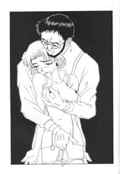 1girls artist_request blush breasts clothing female fingering gainax gendo_ikari glasses human male male_focus medium_breasts mole mole_under_eye monochrome neon_genesis_evangelion panties ritsuko_akagi scientist short_hair tagme