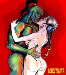 alien ass background black_hair breasts brown_hair closed_eyes completely_nude falleen french_braid green_skin hair_ornament hand_on_shoulder head_grab height_difference holding hugging human humanoid interspecies kissing lonelysatyr long_hair nude_female nude_male ponytail prince_xizor princess_leia_organa red_background red_tongue shadows_of_the_empire side_view sideboob signature simple_background small_breasts standing star_wars tied_hair tongue tongue_out