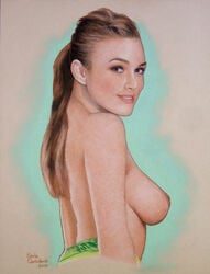 2010 artist_name breasts brown_eyes brown_hair celebrity detailed ernie_centofanti female female_only human keira_knightley looking_aside looking_at_viewer medium_hair nipples pale_skin photorealism ponytail real_person realistic side_view simple_background smile solo topless traditional_media_(artwork)