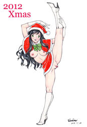 2012 blue_eyes blue_hair blush boots breasts censored christmas dated female full_body gloves high_heel_boots high_heels jinjin leg_lift long_hair looking_at_viewer medium_breasts on_one_foot open_mouth pussy ribbon santa_claus santa_costume santa_hat signature skirt solo thighs wavy_hair white_background