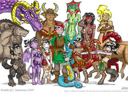 centaur centaur_girl centauress dragon dragon_girl dungeons_and_dragons father_and_child father_and_child_(lore) father_and_daughter female_dragon female_minotaur fredrik_andersson half_dragon harem hugging hugging_leg human hybrid interspecies_harem lamia mermaid minotaur monster monster_girl naga sahaugin satyr taur werewolf wolf_girl