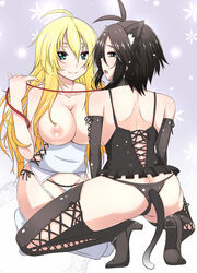 animal_ears antenna_hair bare_shoulders black_hair blonde_hair blue_eyes blush bondage breasts bustier cat_ears cleavage collar dark_hair elbow_gloves female female_only gloves green_eyes hoshii_miki human idolmaster large_breasts long_hair makoto_kikuchi midriff multiple_girls navel open_mouth panties short_hair smile tail thighhighs tog_(shoten) underwear