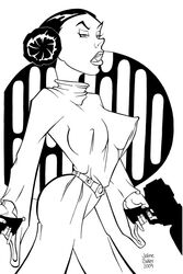 1girls 2009 a_new_hope belt clothed_female_nude_male dated dress female female_only gun mario_chavez monochrome open_mouth perky_breasts princess_leia_organa side_view solo standing star_wars tagme walking watermark weapon wide_sleeves