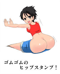 1girls artist_request ass back_view beige_skin black_hair clothes color female female_only grey_eyes hair human looking_at_viewer looking_back luffyko monkey_d_luffy one_piece open_eyes open_mouth round_ears rule_63 scar short_hair solo straight_hair text translation_request white_background