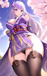 ai_generated alternate_costume alternate_outfit avatariense bare_shoulders bare_thighs big_ass big_breasts black_panties black_thighhighs closed_mouth closed_smile clothed clothing cosplay covered_breasts crossover dress_lift dressed elf_ears emilia_(re:zero) female female_focus female_only genshin_impact hair_ornament half-elf half_elf huge_breasts large_breasts legwear light_skin looking_at_viewer looking_down looking_down_at_viewer nai_diffusion open_eyes outfit_swap panties pointy_ears purple_clothing purple_dress raiden_shogun_(cosplay) re:zero_kara_hajimeru_isekai_seikatsu sideboob smile smiling smiling_at_viewer stable_diffusion thick_thighs thighhighs thighs