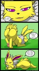 10s 2014 absurd_res anus ass color eeveelution english_text female feral fur hi_res jolteon kuroodod nintendo page_3 paws pokémon_(species) pokemon pussy sloth_(kuroodod) solo text video_games yellow_fur