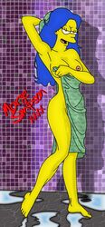 4_fingers 4_toes big_breasts blue_hair breasts brown_eyes character_name color female female_only hair_down holding_object huge_eyes human indoors long_hair looking_at_viewer marge_simpson matt_groening_(style) nipples open_mouth pink_nipples solo standing tagme text the_simpsons toony towel water yellow_skin