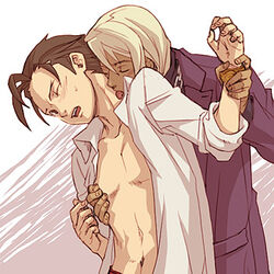 2boys apollo_justice gay gyakuten_saiban klapollo klavier_gavin licking male male_only multiple_boys nipple_tweak open_clothes open_mouth open_shirt shirt skin_contrast wince wrist_grab yaoi