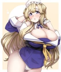 bangs blonde_hair blue_shirt blush breasts cleavage cowboy_shot double_bun female fletcher_(kantai_collection) gloves hair_ornament headgear highres huge_breasts kantai_collection konoshige_(ryuun) long_hair long_sleeves looking_at_viewer neckerchief no_pants off_shoulder open_mouth panties purple_eyes ryuun_(stiil) sailor_collar shirt simple_background solo underwear very_long_hair white_gloves white_panties white_sailor_collar yellow_neckerchief