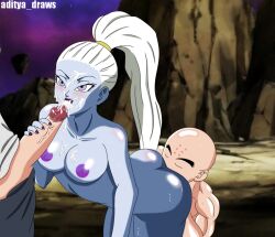 1girls 2boys aditya_draws angel angel_(dragon_ball) anilingus blowjob blue_skin cum_on_breasts cum_on_face cumshot dragon_ball dragon_ball_super dragon_ball_z eating_ass fellatio from_behind interspecies krillin kuririn licking licking_anus licking_ass licking_penis male/female/male nipples oral penis ponytail rimming saiyan threesome tongue_out tournament_of_power vados yamcha