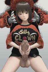 1boy 1futa brown_hair chst clown clown_shirt erection futanari masturbation possessed pubic_hair uncut