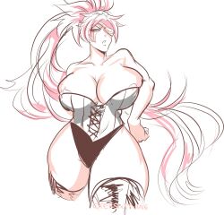 amputated_arm amputee areolae baiken big_breasts breasts busty espersixtynine eyepatch female female_focus female_only guilty_gear hourglass_figure large_breasts long_hair missing_arm monochrome pink_hair solo standing wide_hips