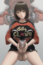 1boy 1futa black_cum blank_stare brown_hair chst clown clown_shirt cum futanari masturbation personality_excretion pubic_hair