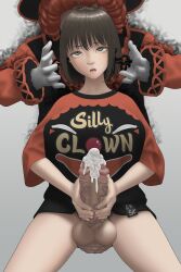 1boy 1futa black_tentacles brown_hair chst clown clown_shirt cum futanari leaking_cum masturbation possessed pubic_hair testicles_clench