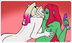 2d 2girls ass berryvapor blonde_hair breasts dc dc_comics female female_only green-skinned_female green_skin groping_breasts harley_quinn harley_quinn_(series) holding_breast kissing lesbian_kiss multiple_girls nipples nude pale_skin pamela_isley poison_ivy red_hair touching_breast vibrator yuri