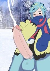 ballsack clothed clothing cumshot femboy grusha_(pokemon) gym_leader male male_only penis penis_out pokemon pokemon_sv ripped_clothing snow traced