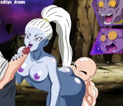 1girls 2boys aditya_draws angel angel_(dragon_ball) anilingus beerus blowjob blue_skin champa dragon_ball dragon_ball_super dragon_ball_z eating_ass fellatio from_behind interspecies krillin kuririn licking licking_anus licking_ass licking_penis male/female/male nipples oral oral_sex penis ponytail rimming saiyan threesome tournament_of_power vados yamcha