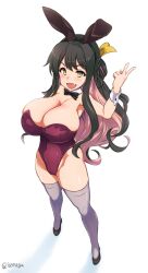 animal_ears armpits artist_name black_hair breasts bunny_ears bunnysuit cleavage collarbone curvy detached_collar fake_animal_ears female full_body hairband highres huge_breasts isemagu kantai_collection leotard long_hair multicolored_hair naganami_(kantai_collection) oerba_yun_fang pink_hair playboy_bunny plump rabbit_ears simple_background solo standing thighhighs thighs white_background yellow_eyes